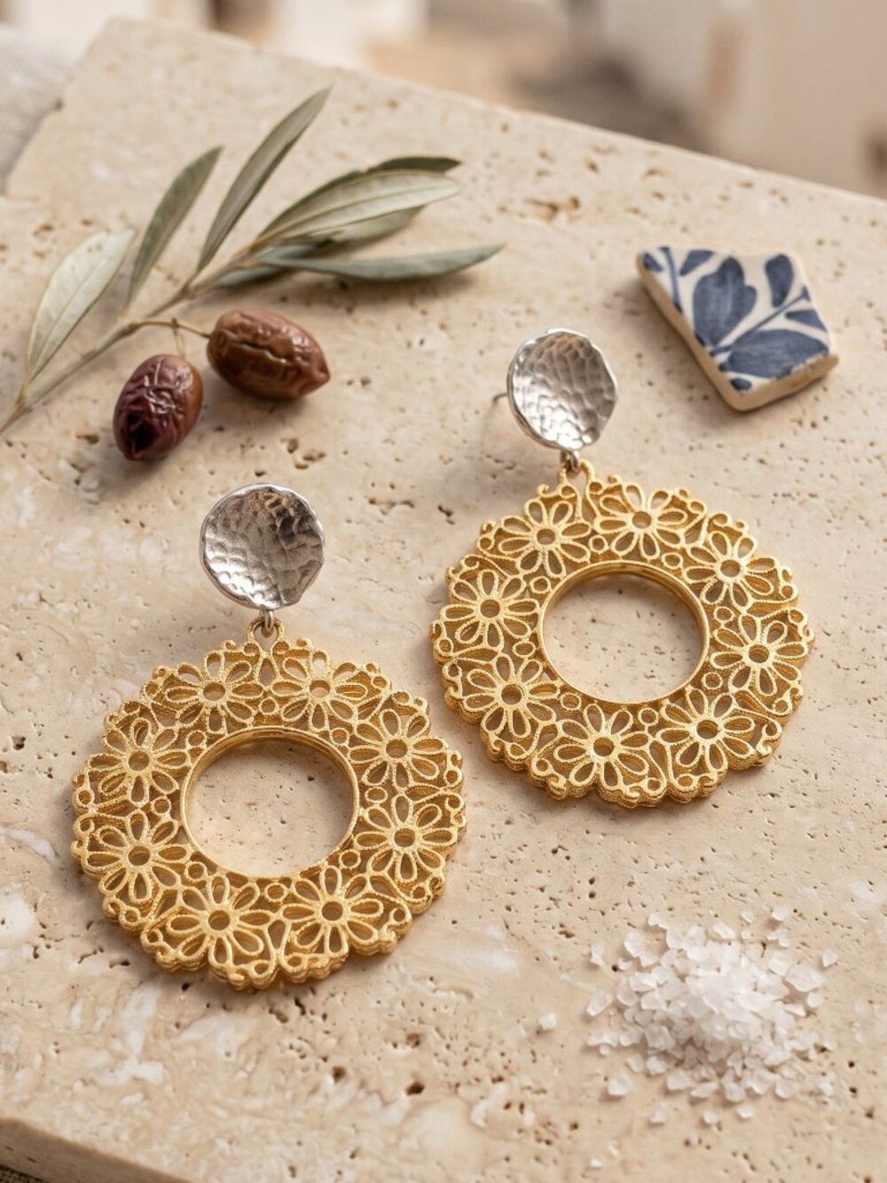 18K Gold Plated Brass Grand Bazaar Two Tone Filigree Drop Earrings Boho 2.75in